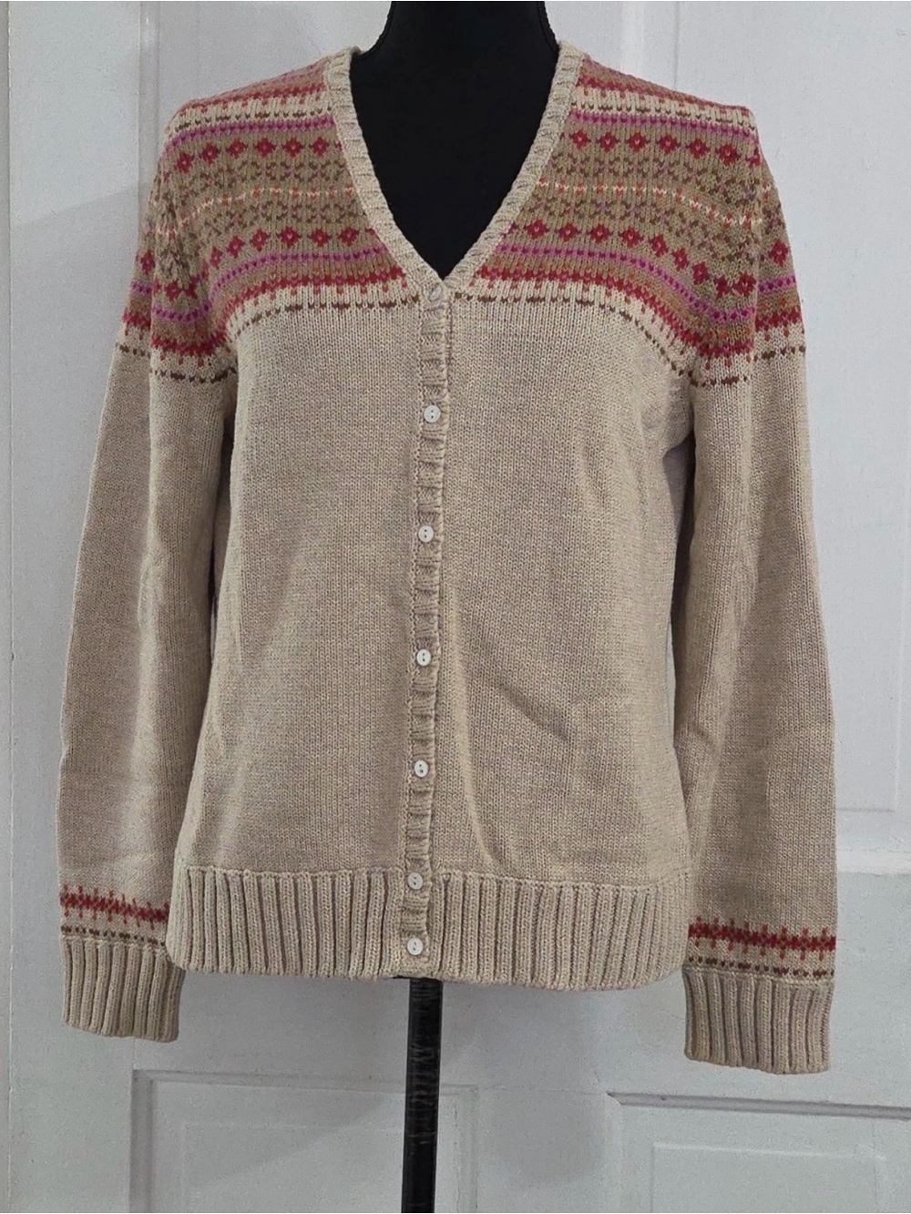 Lands' End Beige Cardigan with Pink and Red Fair Isle Yoke